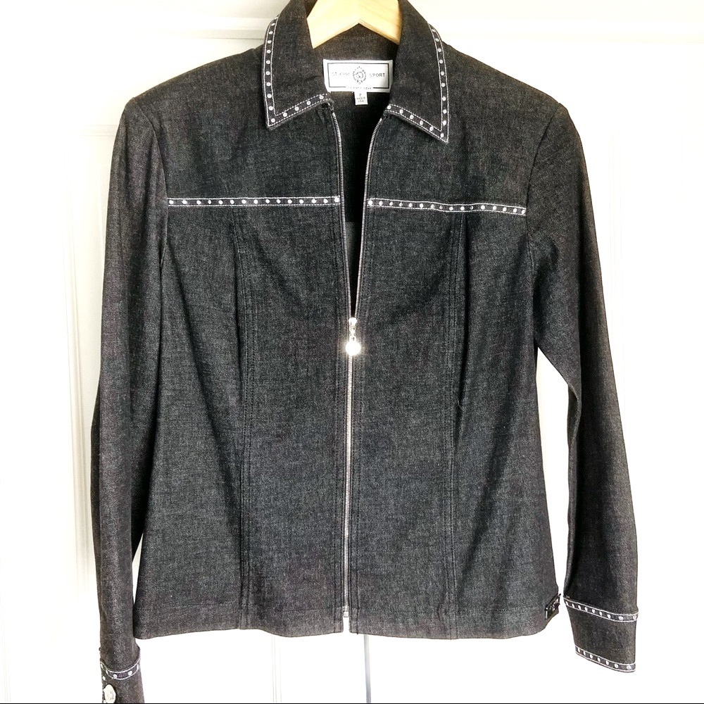 St.John Sport gray denim jacket silver studs SP